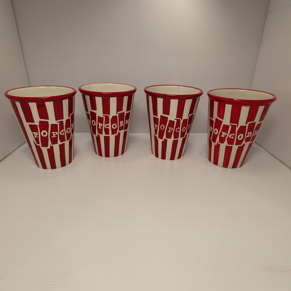 Joshua Maxwell Striped Red and White Popcorn Ceramic Bowls/Cups Set Of 4